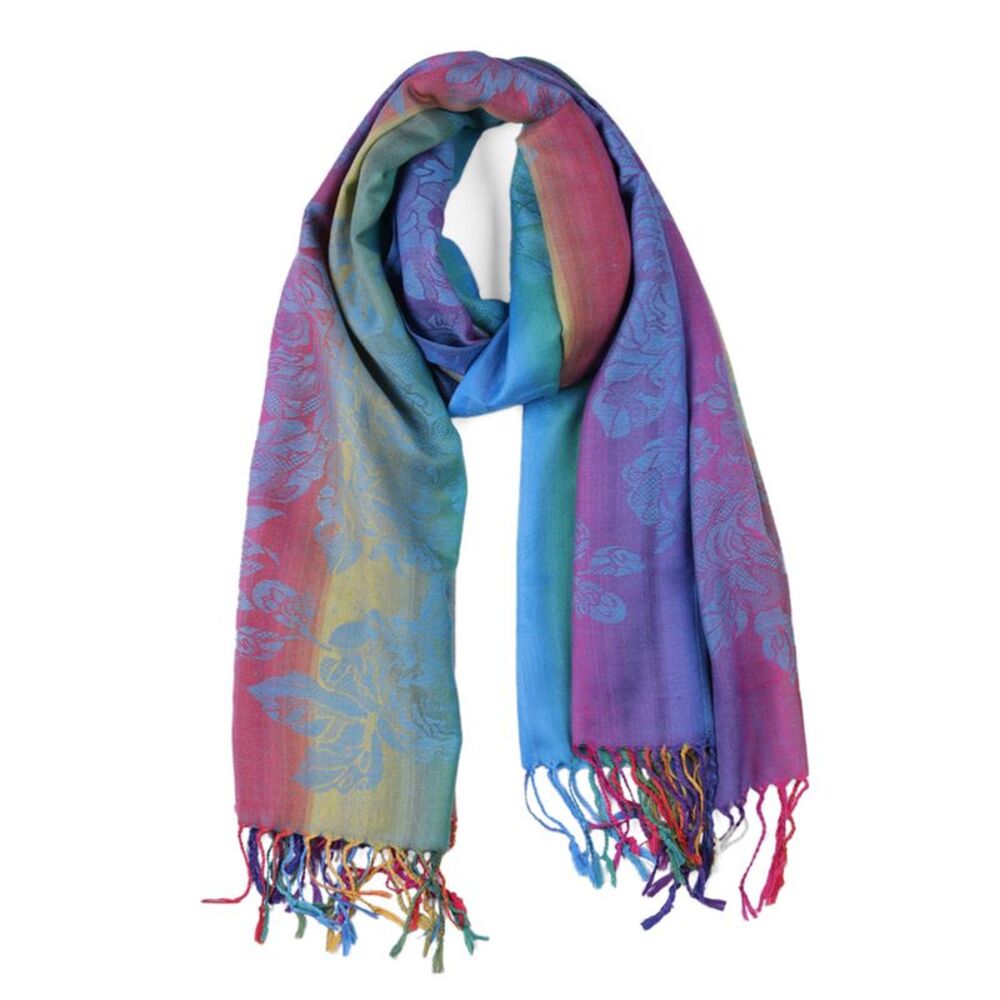 Large Tassel Wrap Scarf Floral Print Gradient Color Scarf Blue 71"x27.5"